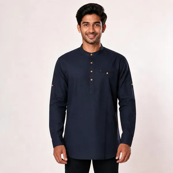Navy_Blue_Mandarin_Collar_Cotton_Kurta_For_Men