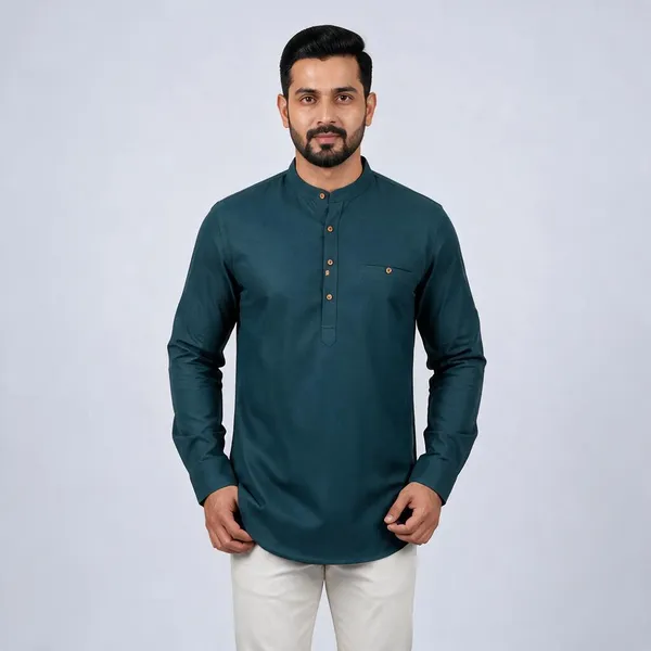 Teal_Mandarin_Collar_Straight_Cotton_Kurta_For_Men