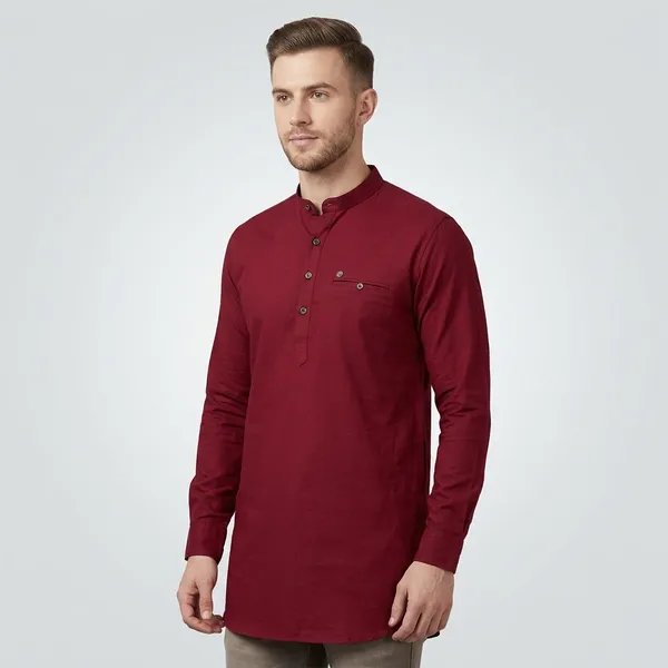 Maroon_Short_Sleeve_Cotton_Kurta_For_Men