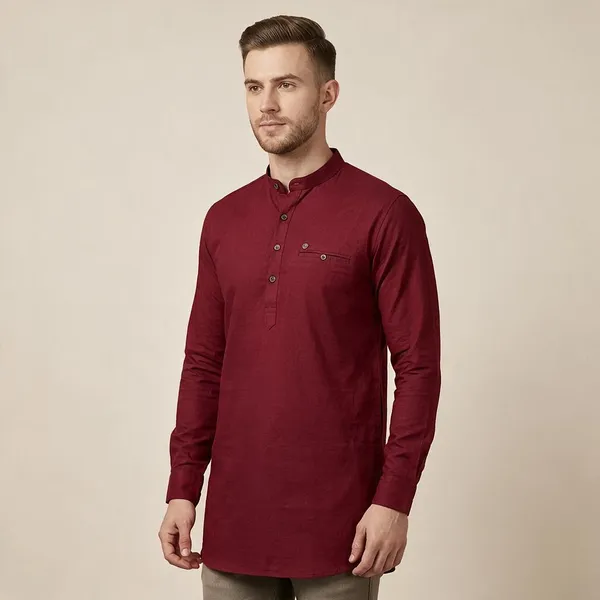 Maroon_Short_Sleeve_Cotton_Kurta_For_Men