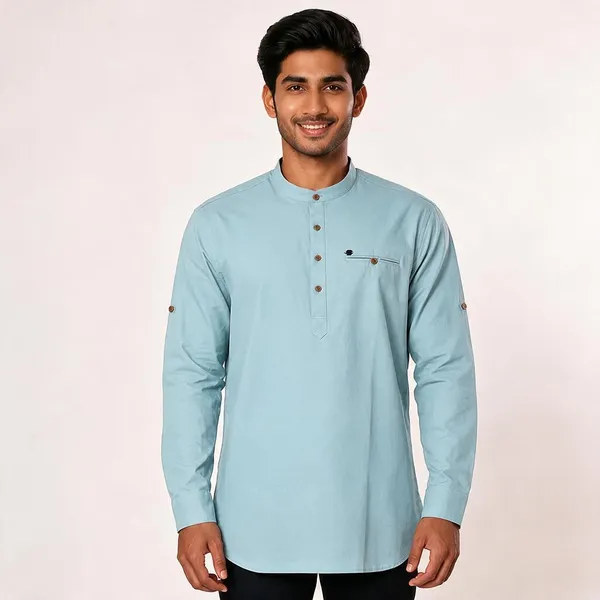 Light_Blue_Mandarin_Collar_Cotton_Kurta_For_Men