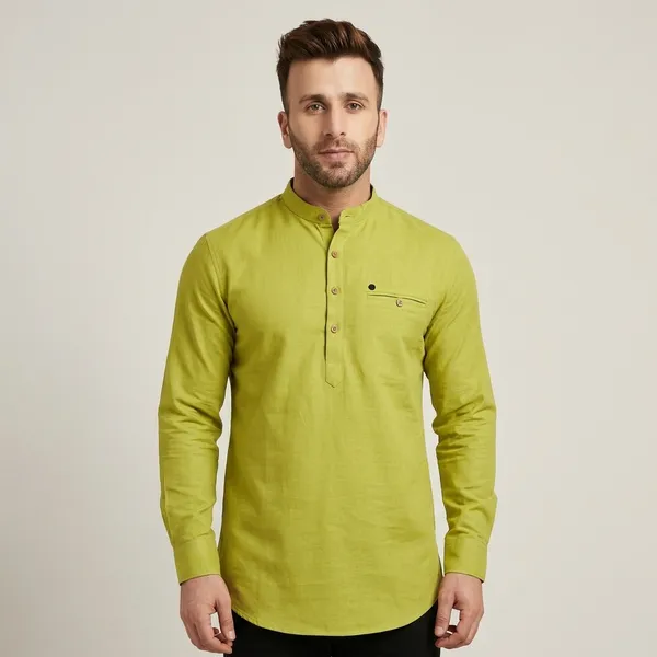 Green_Band_Collar_Cotton_Kurta_For_Men