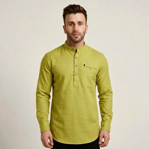 Green_Band_Collar_Cotton_Kurta_For_Men
