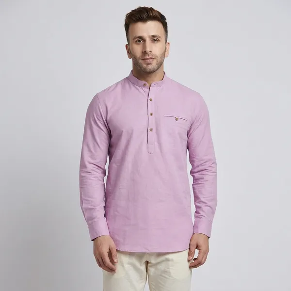 Pink_Button_Front_Cotton_Kurta_For_Men