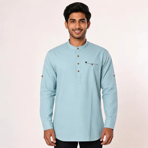 Light_Blue_Mandarin_Collar_Cotton_Kurta_For_Men