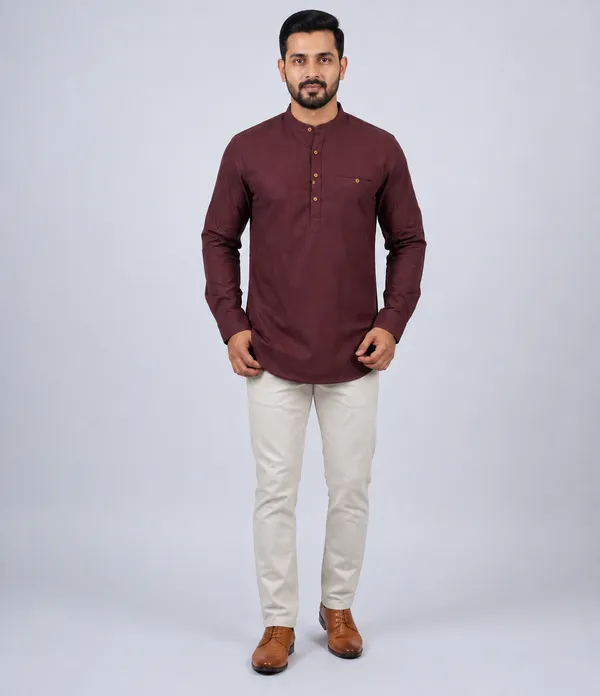 Maroon_Textured_Straight_Cotton_Kurta_For_Men