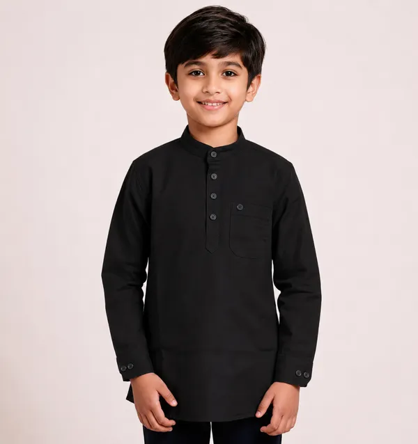 Black_Cotton_Mandarin_Collar_Kurta_For_Kids