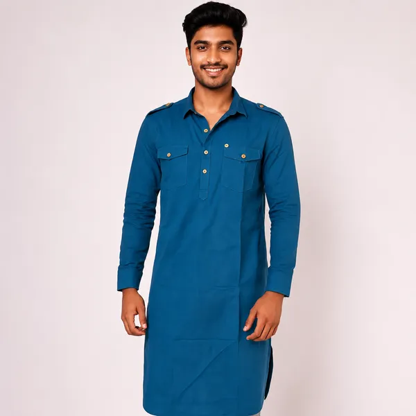Blue_Cotton_Longline_Straight_Fit_Kurta_For_Men
