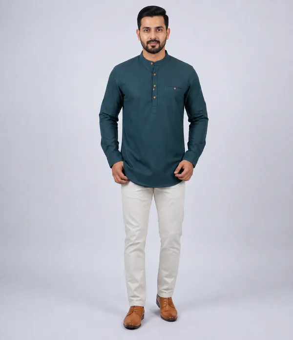 Teal_Mandarin_Collar_Straight_Cotton_Kurta_For_Men
