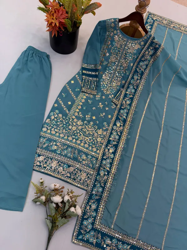 Teal_Georgette_Embroidered_Suit_Set_For_Women