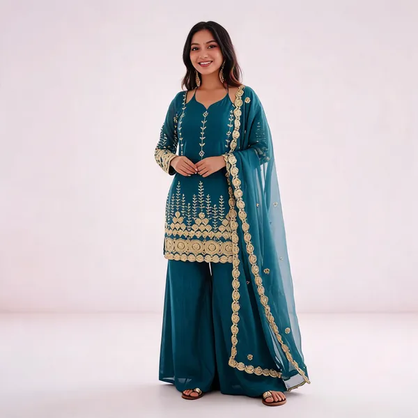 Teal_Georgette_Embroidered_Sharara_Suit_Set_For_Women