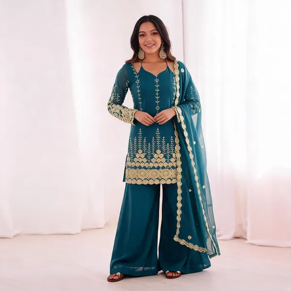Teal_Georgette_Embroidered_Sharara_Suit_Set_For_Women