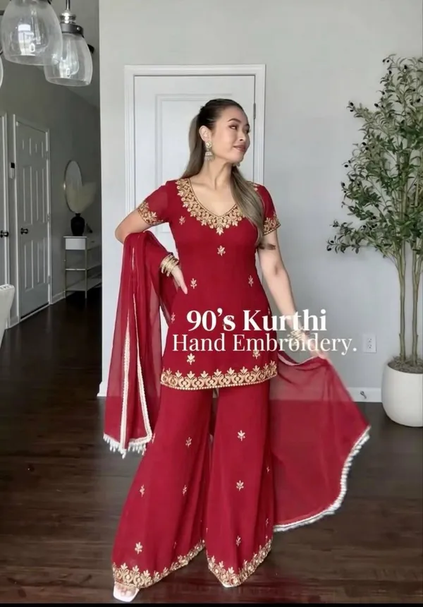 Red_Georgette_Embroidered_Kurti_Set_For_Women