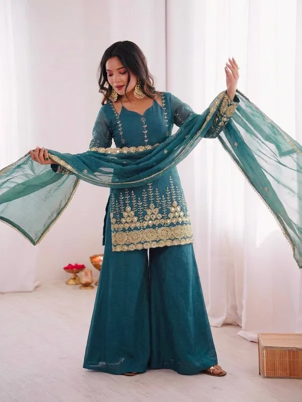 Teal_Georgette_Embroidered_Sharara_Suit_Set_For_Women