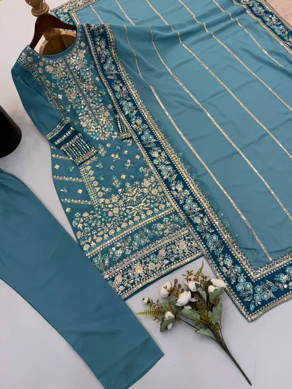 Teal_Georgette_Embroidered_Suit_Set_For_Women