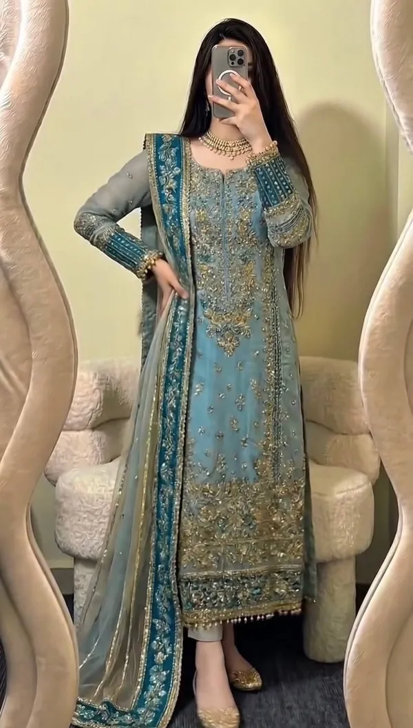 Teal_Georgette_Embroidered_Suit_Set_For_Women