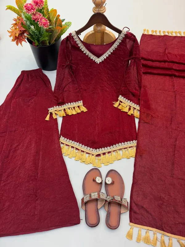 Maroon_Georgette_Straight_Kurta_Set_With_Dupatta_For_Women