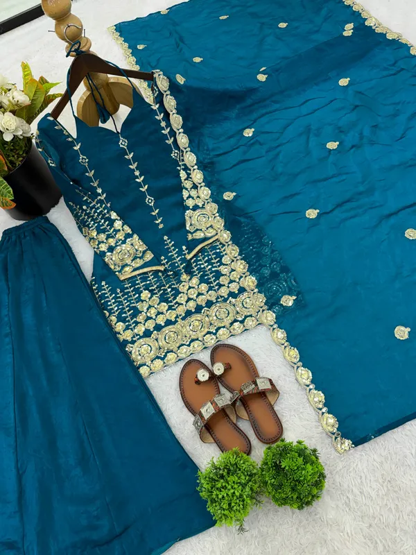Teal_Georgette_Embroidered_Sharara_Suit_Set_For_Women