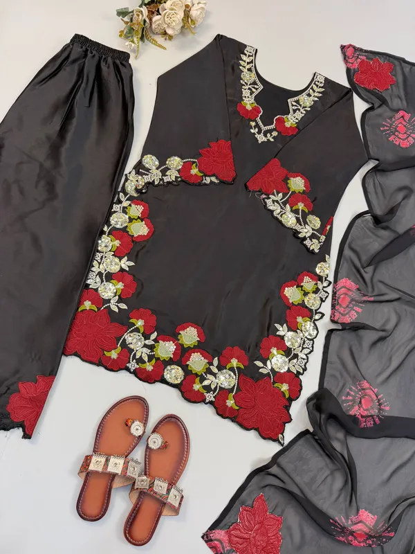 Black_Georgette_Embroidered_Straight_Kurta_Set_For_Women