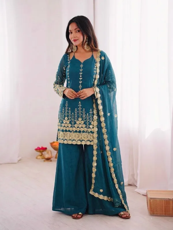 Teal_Georgette_Embroidered_Sharara_Suit_Set_For_Women