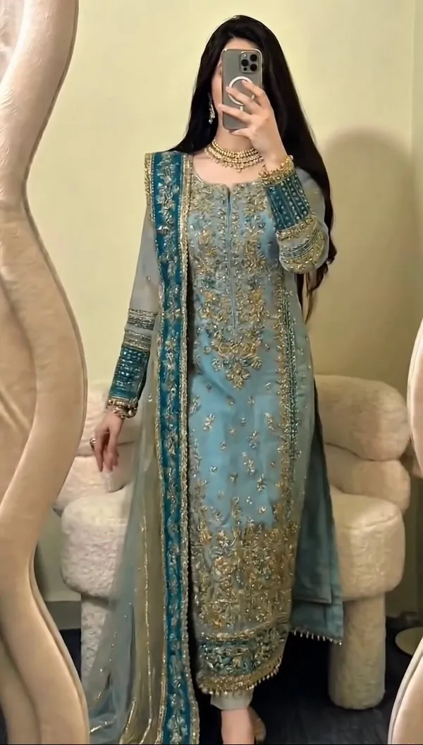 Teal_Georgette_Embroidered_Suit_Set_For_Women