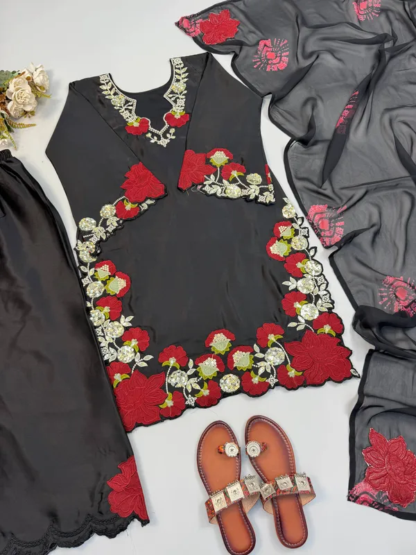 Black_Georgette_Embroidered_Straight_Kurta_Set_For_Women