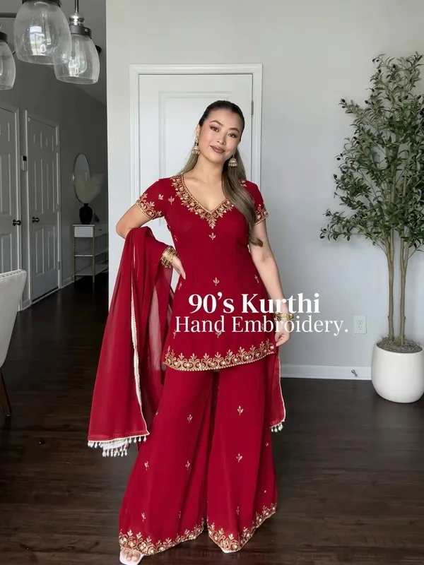 Red_Georgette_Embroidered_Kurti_Set_For_Women