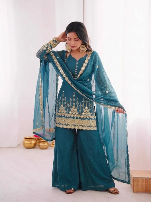 Teal_Georgette_Embroidered_Sharara_Suit_Set_For_Women