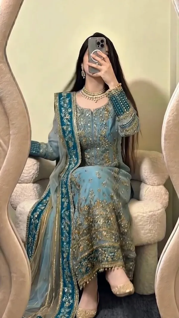 Teal_Georgette_Embroidered_Suit_Set_For_Women
