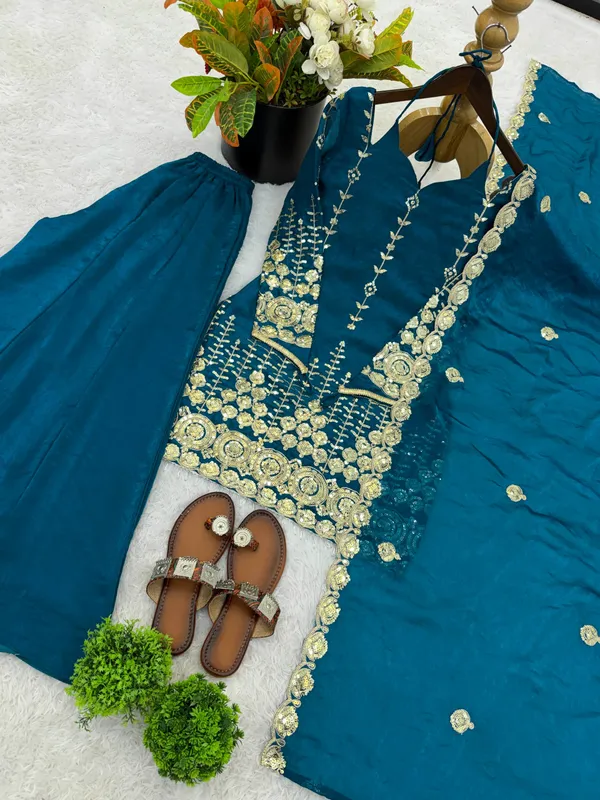 Teal_Georgette_Embroidered_Sharara_Suit_Set_For_Women