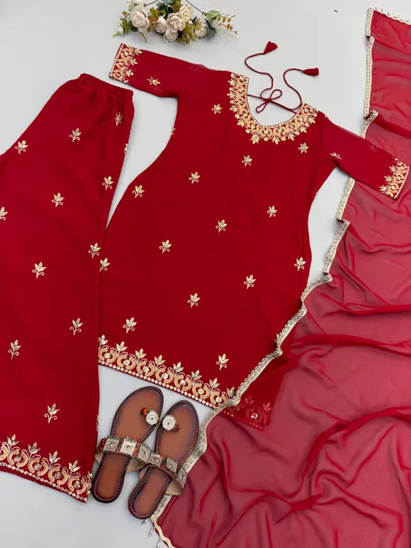 Red_Georgette_Embroidered_Kurti_Set_For_Women