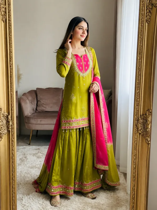 Olive_Green_Georgette_Embroidered_Sharara_Suit_Set_For_Women