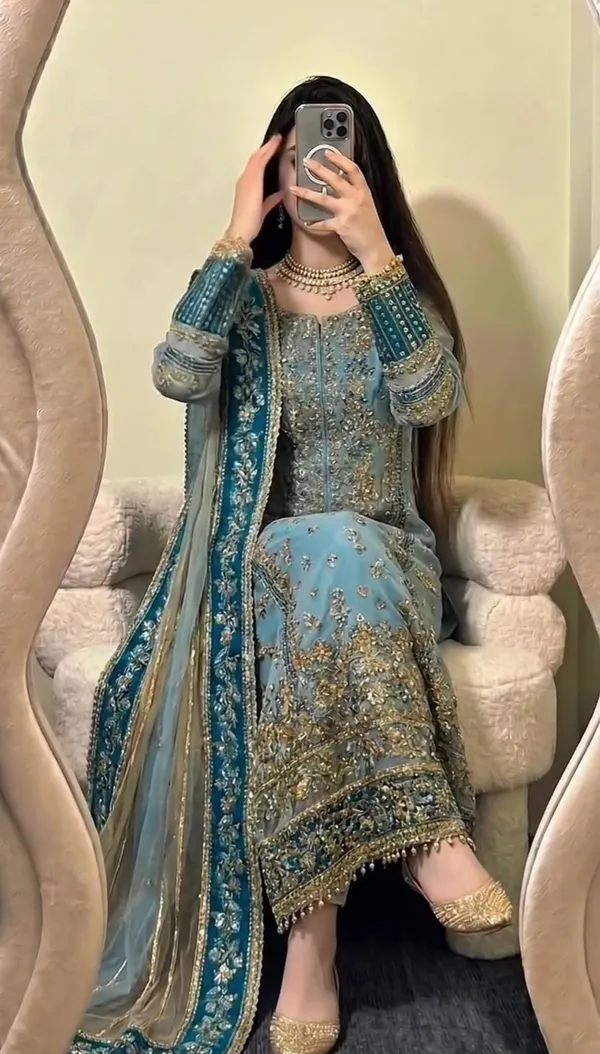 Teal_Georgette_Embroidered_Suit_Set_For_Women