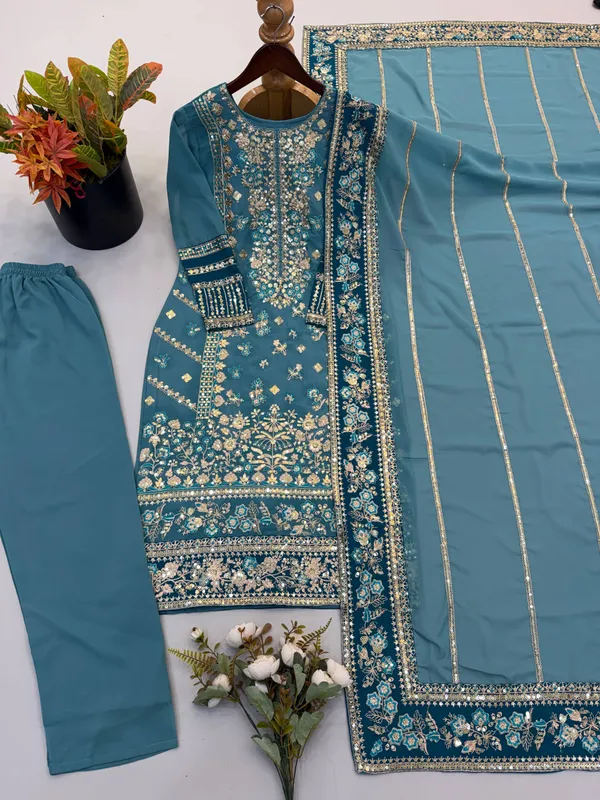 Teal_Georgette_Embroidered_Suit_Set_For_Women