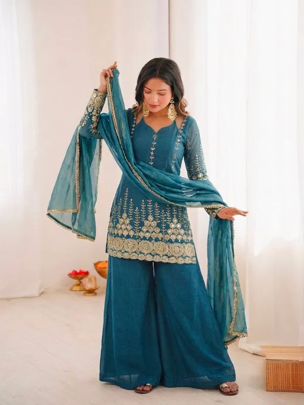 Teal_Georgette_Embroidered_Sharara_Suit_Set_For_Women