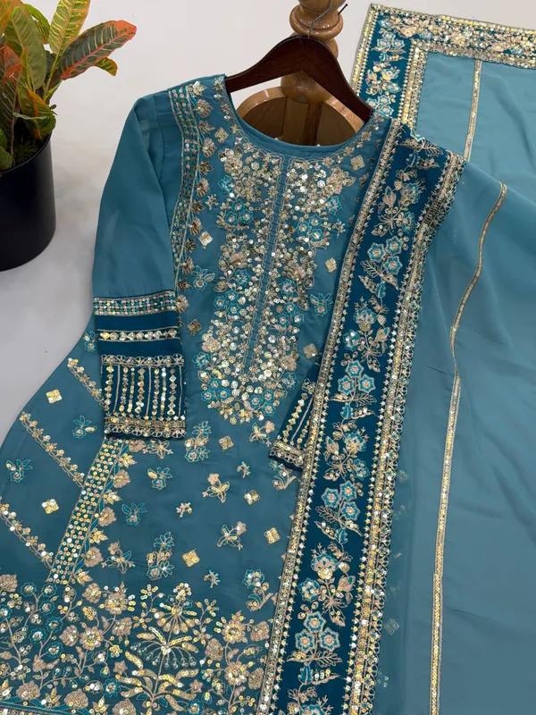 Teal_Georgette_Embroidered_Suit_Set_For_Women