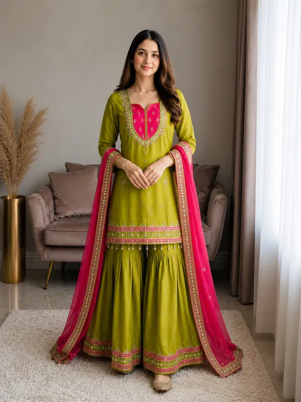 Olive_Green_Georgette_Embroidered_Sharara_Suit_Set_For_Women