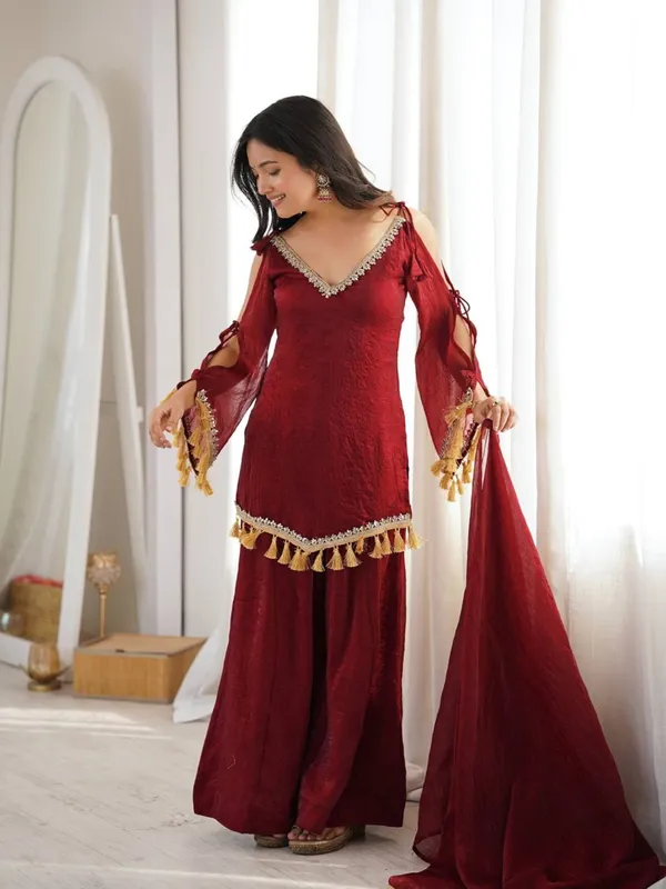 Maroon_Georgette_Straight_Kurta_Set_With_Dupatta_For_Women