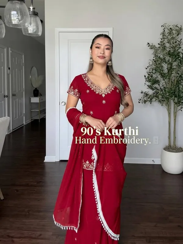 Red_Georgette_Embroidered_Kurti_Set_For_Women
