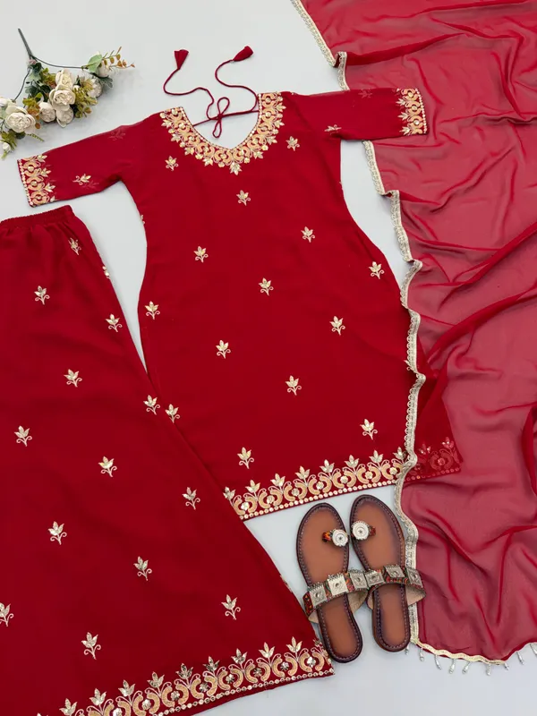 Red_Georgette_Embroidered_Kurti_Set_For_Women