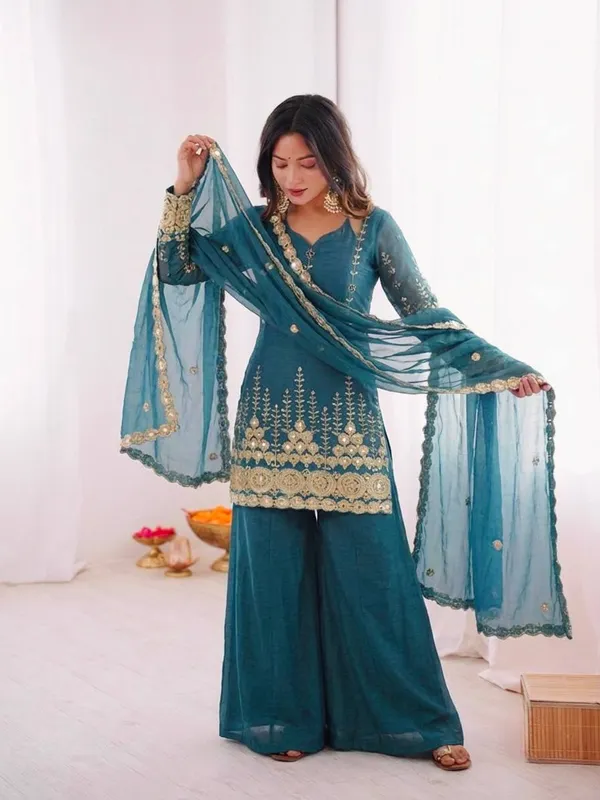 Teal_Georgette_Embroidered_Sharara_Suit_Set_For_Women