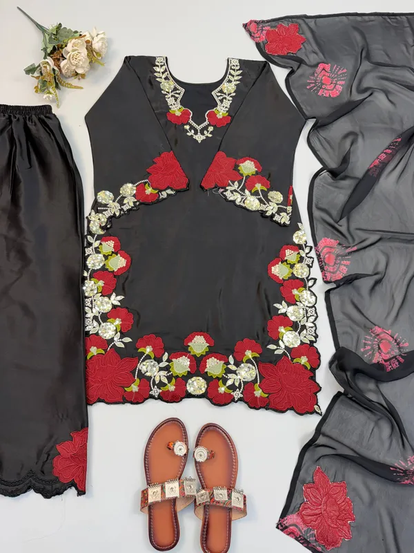 Black_Georgette_Embroidered_Straight_Kurta_Set_For_Women