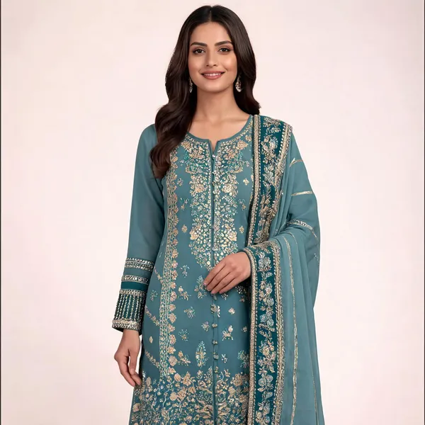 Teal_Georgette_Embroidered_Suit_Set_For_Women
