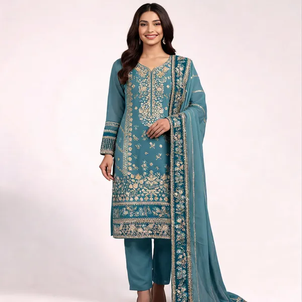 Teal_Georgette_Embroidered_Suit_Set_For_Women
