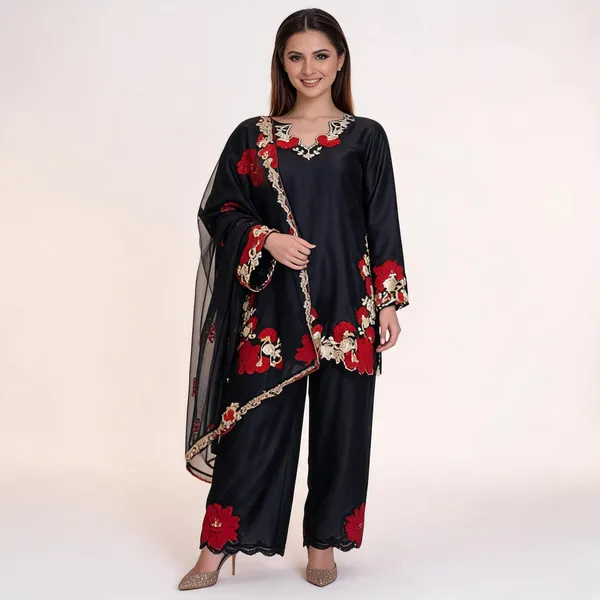 Black_Georgette_Embroidered_Straight_Kurta_Set_For_Women