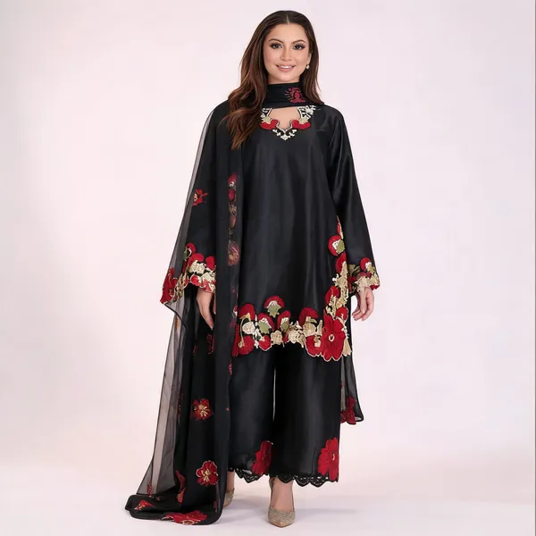 Black_Georgette_Embroidered_Straight_Kurta_Set_For_Women