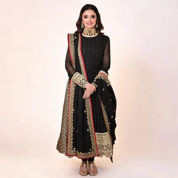 Black_Georgette_Embroidered_Kurta_Dupatta_Set_For_Women