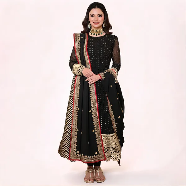 Black_Georgette_Embroidered_Kurta_Dupatta_Set_For_Women