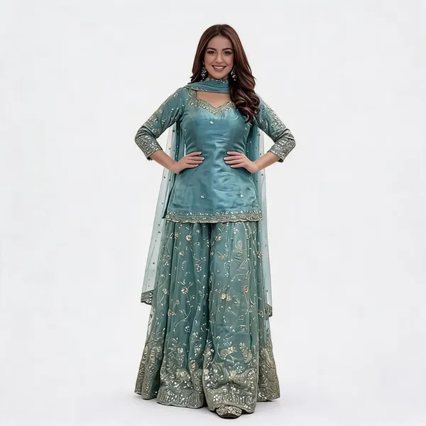 Teal_Georgette_Embroidered_Sharara_Kurta_Set_For_Women