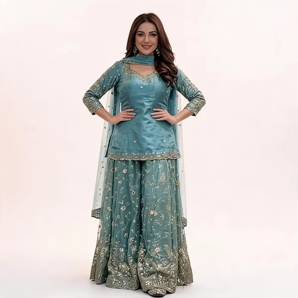 Teal_Georgette_Embroidered_Sharara_Kurta_Set_For_Women